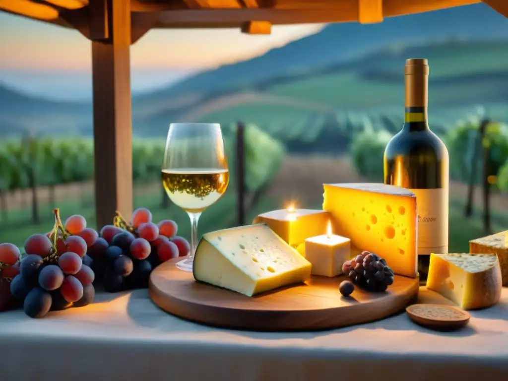 Una mesa elegante con quesos, vinos y velas bajo un cielo estrellado