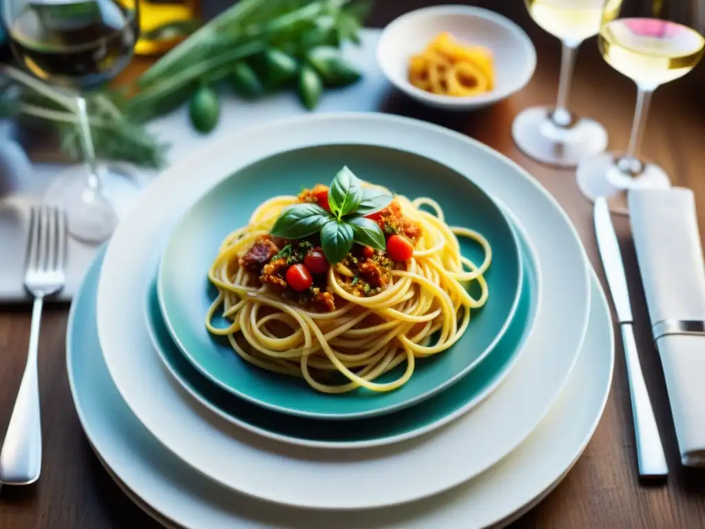 Una mesa elegante con recetas espaguetis gourmet sin harina, decorada con luces suaves y vajilla fina