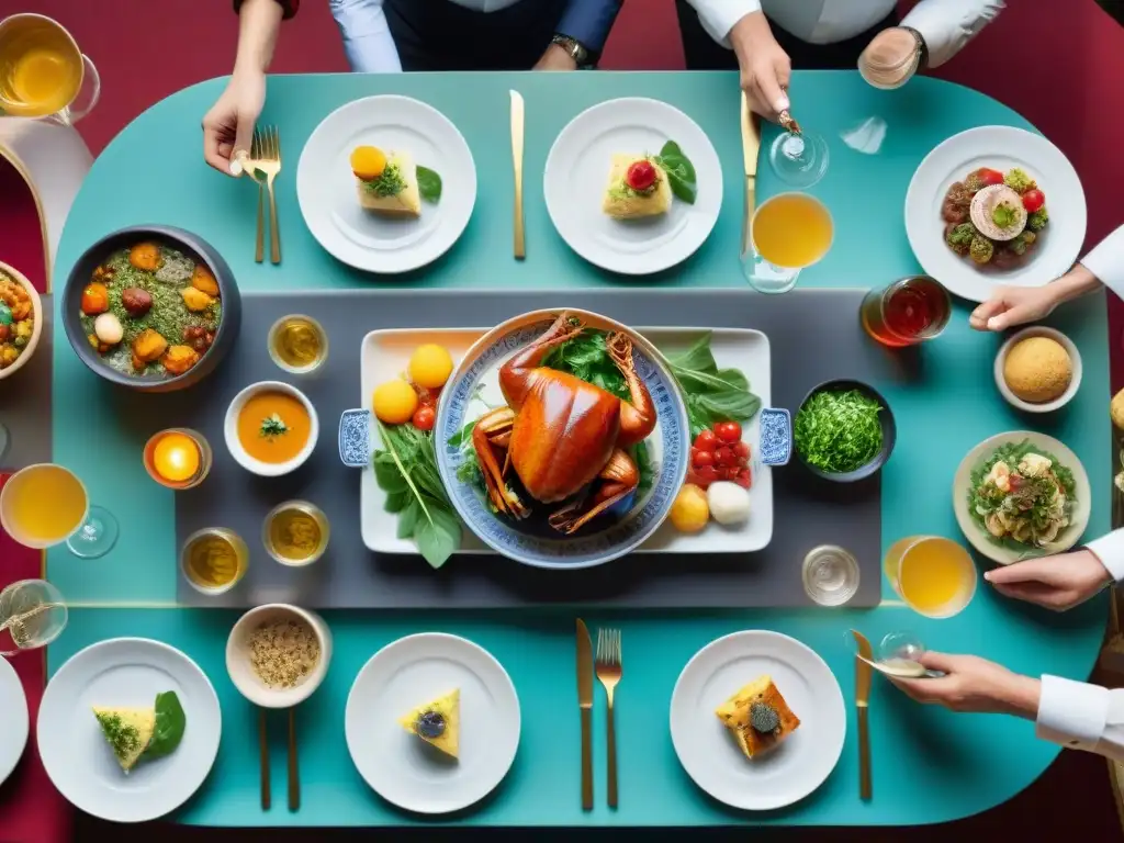 Una mesa elegante repleta de platos gourmet innovadores y tradicionales, en un ambiente sofisticado y acogedor