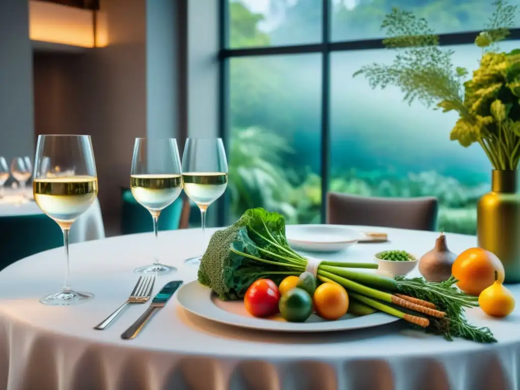 Una mesa elegante de restaurante con cubiertos de plata, copas de cristal y platillos gourmet con ingredientes sostenibles