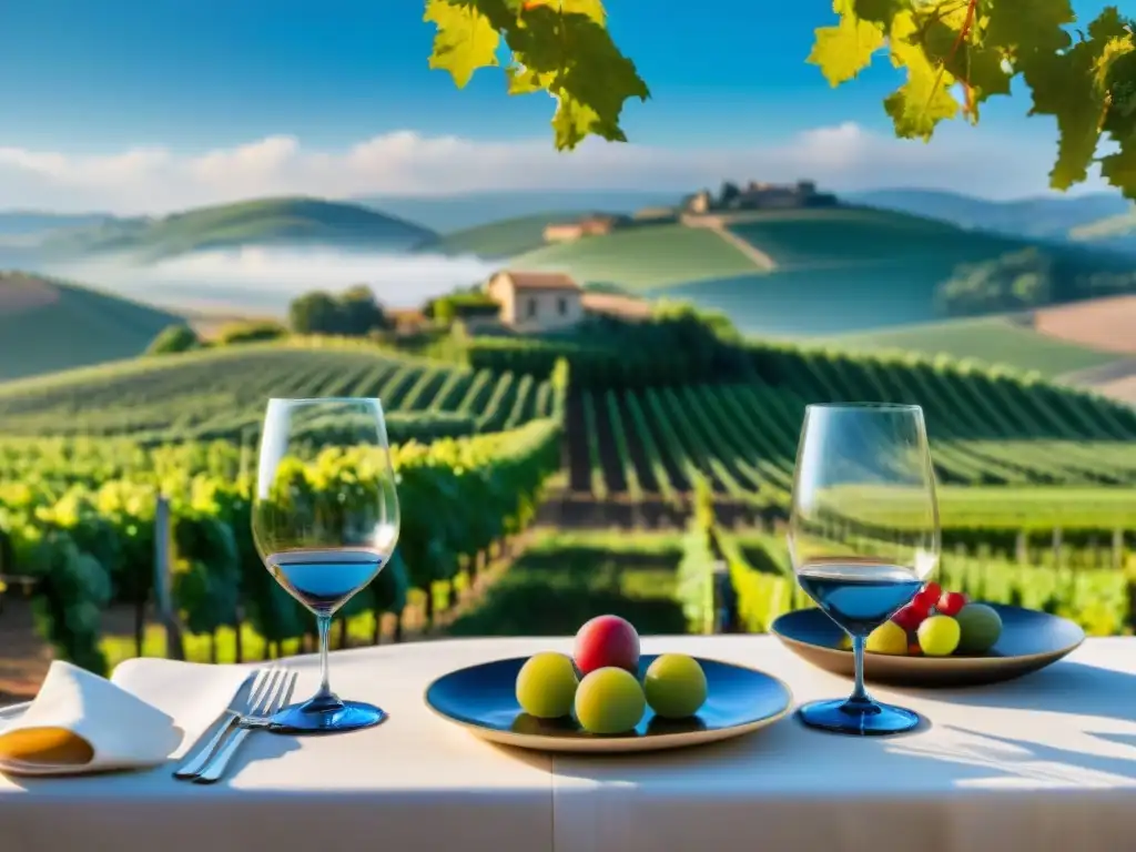 Una mesa elegante en restaurante gourmet al aire libre con platos gourmet innovadores y tradicionales, rodeada de viñedos