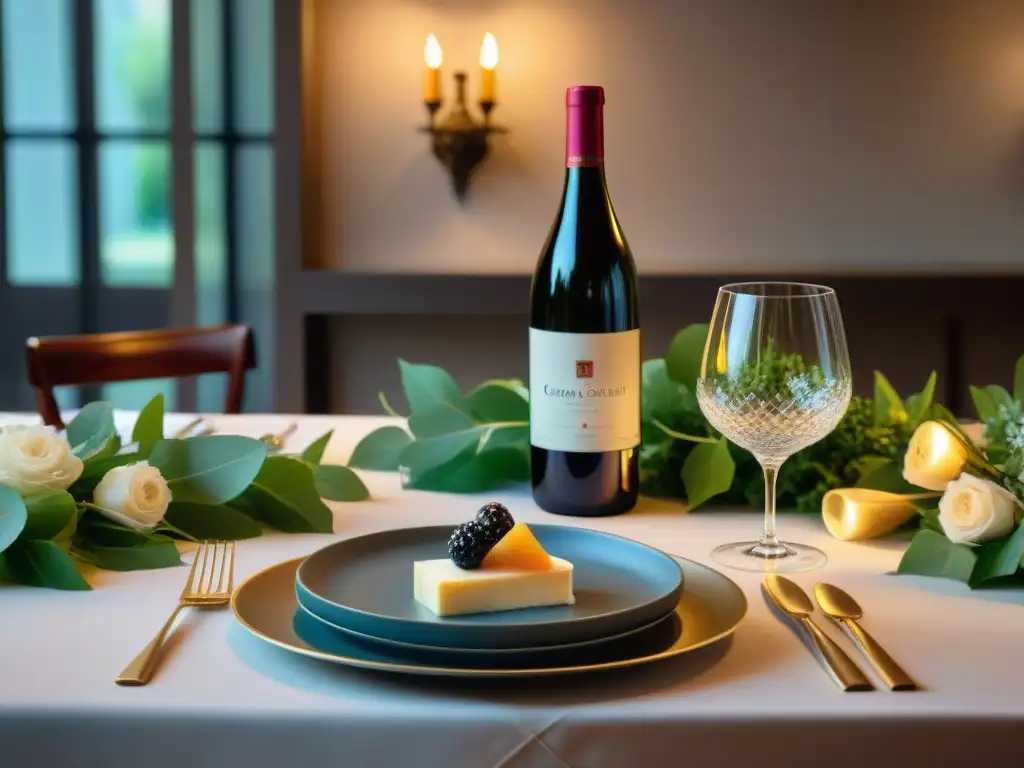 Exquisita mesa de cena para maridaje de vinos gourmet Una mesa elegante para un retiro gastronómico que celebra la innovación y la tradición con platos exquisitos y elegantes detalles