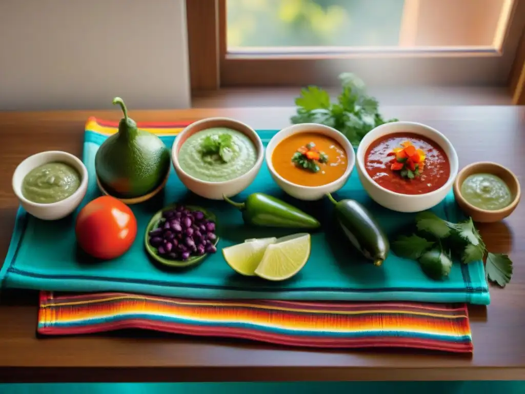 Una mesa elegante con salsas mexicanas gourmet, adornos frescos y textiles tradicionales