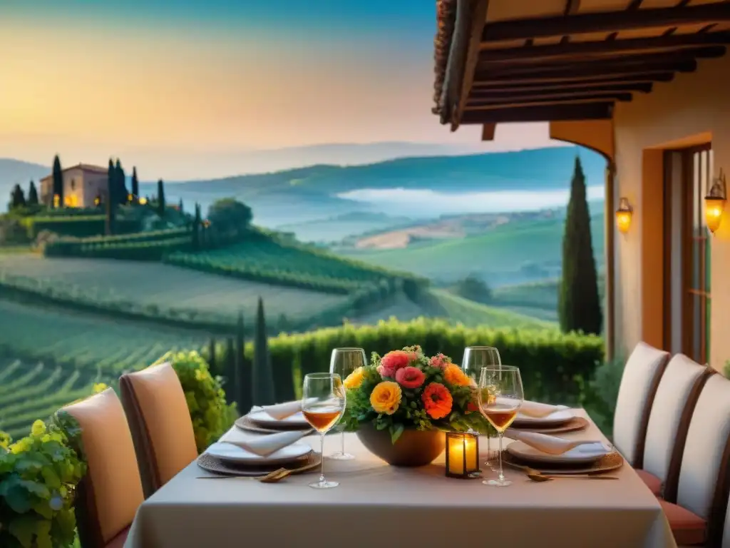 Mesa elegante en terraza toscana con vista a colinas, atardecer cálido