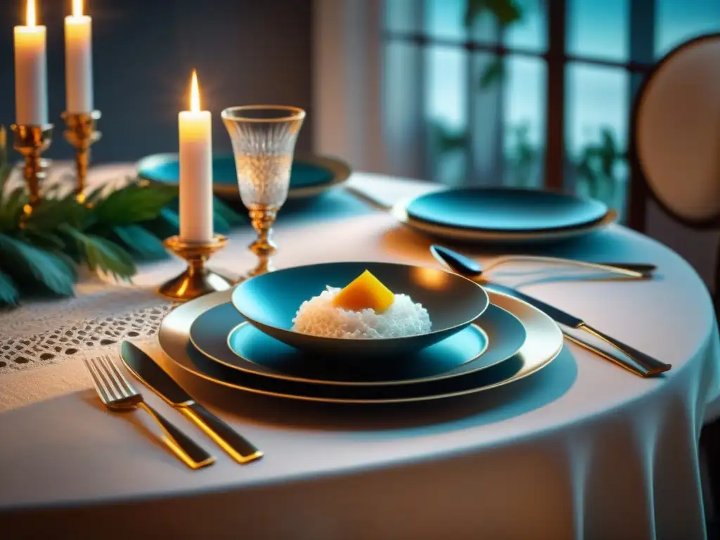 Una mesa elegante con textiles de mesa para gourmet en una cena lujosa y sofisticada