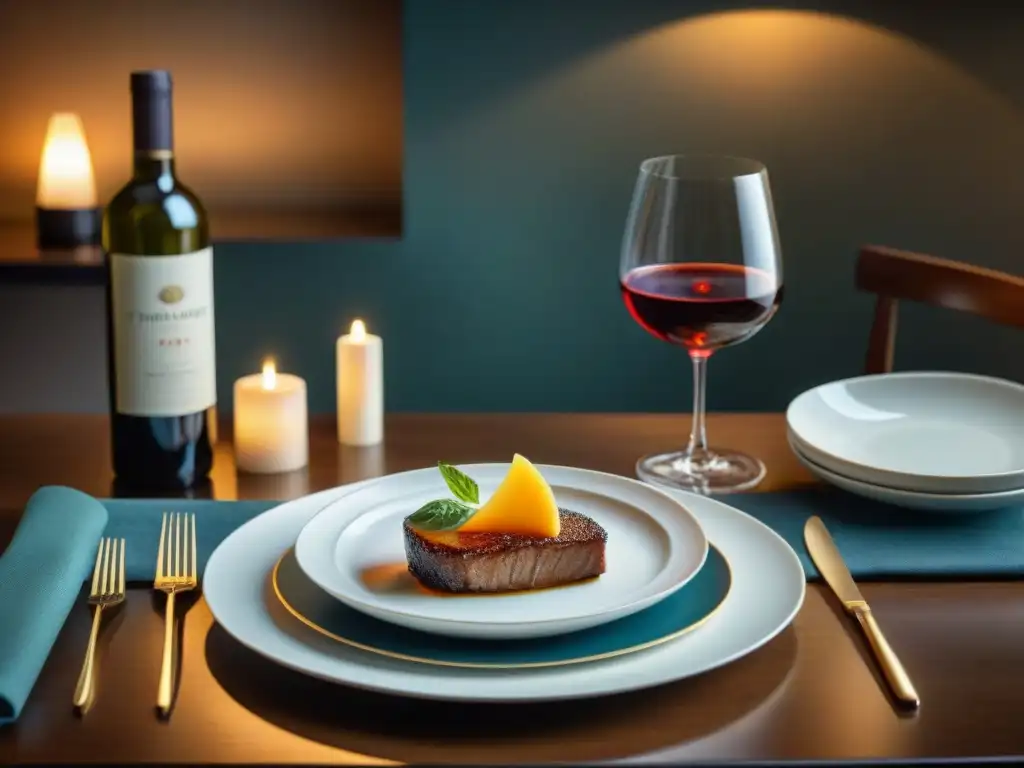 Exquisita mesa de lujo: fina vajilla, copas de cristal y delicias gourmet Una mesa elegante con vajilla fina, copas de cristal y comida gourmet, iluminada por velas