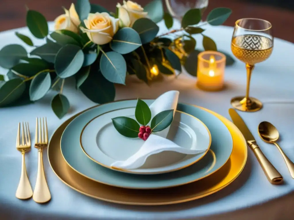 Una mesa elegante con vajilla fina, copas de cristal, cubiertos de plata y centro floral lujoso