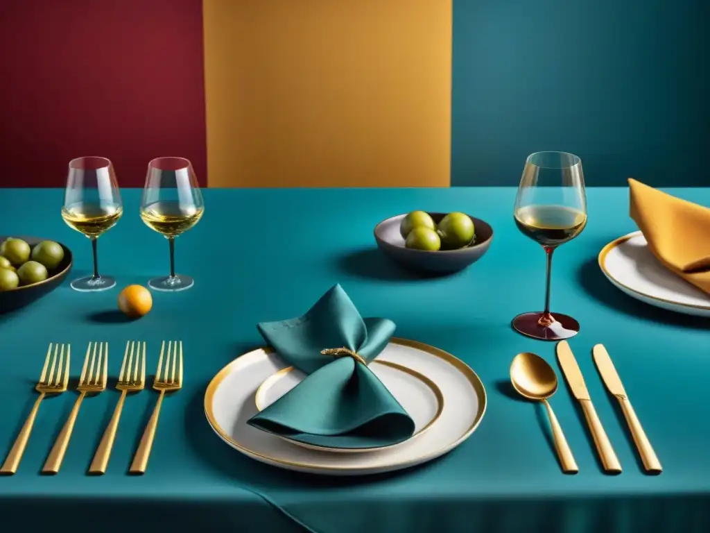 Una mesa elegante con vajilla y textiles en diversos colores, creando una experiencia gastronómica colores mesa inolvidable