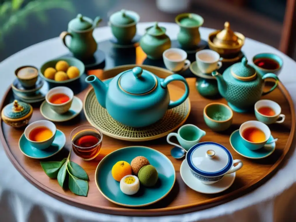 Una mesa elegante con variedad de tazas de té, teteras y platillos de diferentes cocinas, en un maridaje de té en gastronomía