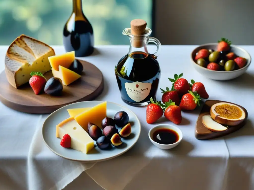 Mesa de degustación elegante con variedad de vinagres balsámicos, frutas, quesos y aceite de oliva, creando una experiencia sofisticada