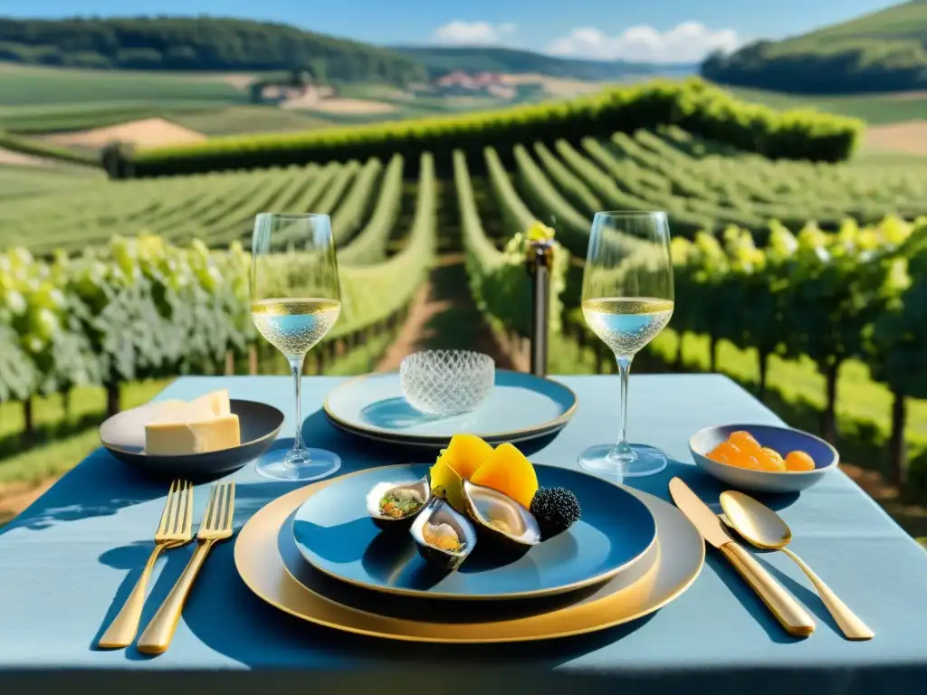 Una mesa elegante en un viñedo de Champagne, con maridajes gourmet y copas de champán