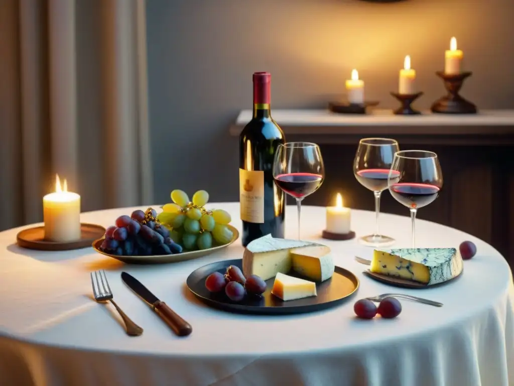 Una mesa elegante con vino tinto, quesos y uvas, iluminada por una vela, ideal para maridaje vinos películas gastronómicas