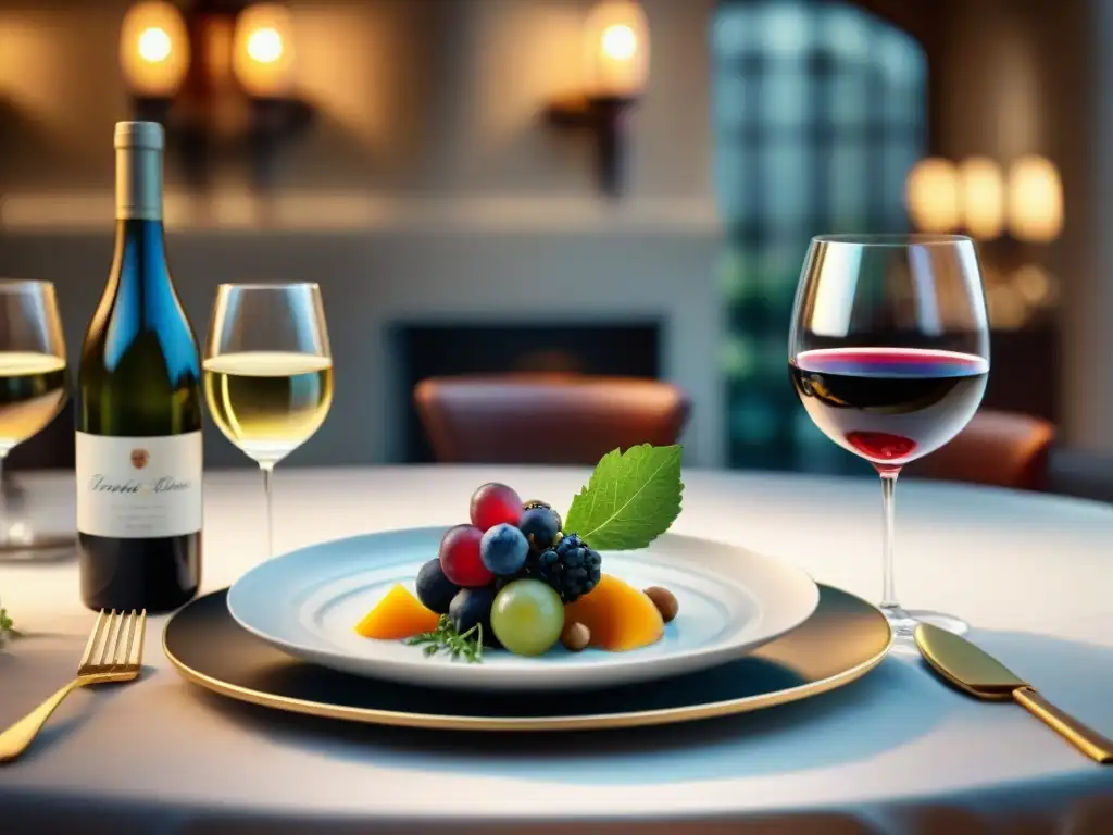 Una mesa elegante maridando vinos y comidas profesionalmente, con copas, cubiertos y platos exquisitos