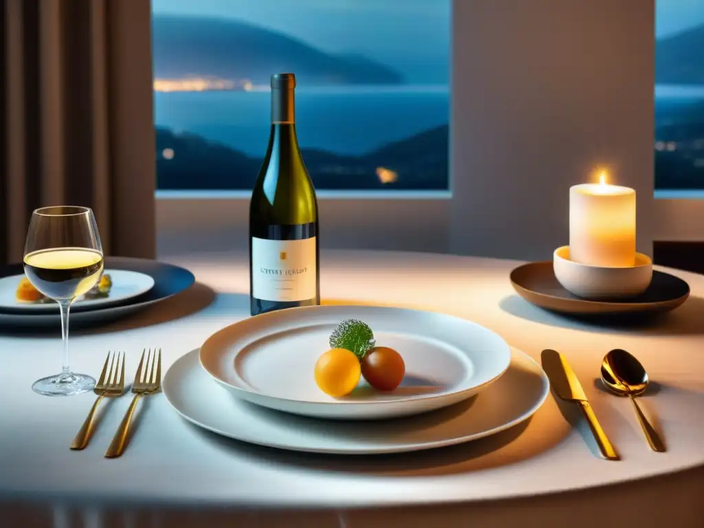 Una mesa elegante con vinos, cubiertos y platos gourmet, iluminada por velas