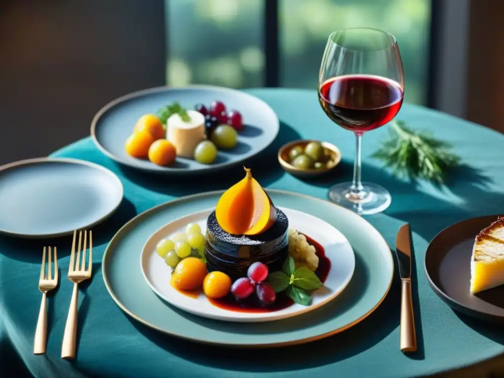 Exquisita mesa gourmet con vinos orgánicos en un ambiente sofisticado Una mesa elegante con vinos orgánicos en copas de cristal rodeados de exquisitos platillos gourmet, un maridaje perfecto