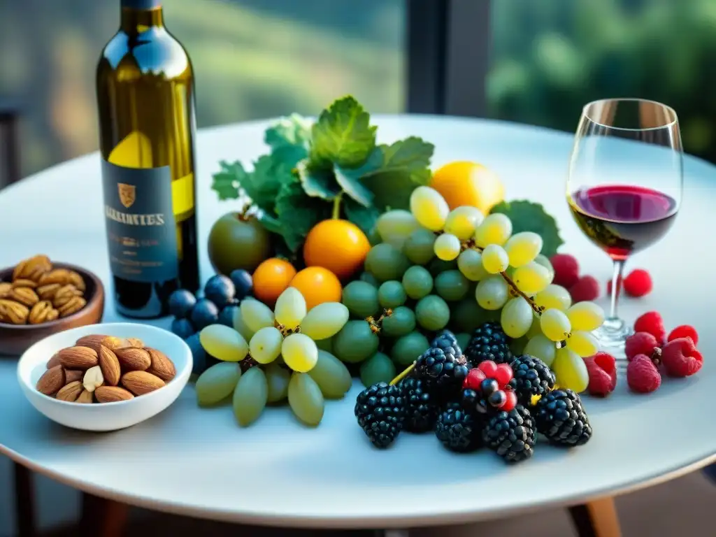 Una mesa elegante con vinos selectos y superfoods coloridos, creando un ambiente gourmet para maridaje