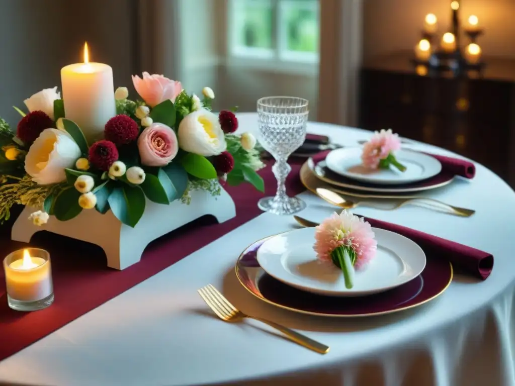 Una mesa de estilo gourmet con arreglos florales exquisitos en tonos blush, burdeos y blanco, cristalería fina y cubiertos de plata