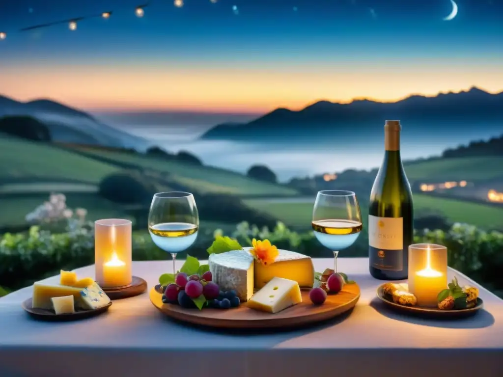 Una mesa de noche romántica bajo las estrellas con quesos, vinos y velas, creando un ambiente encantador y detallado