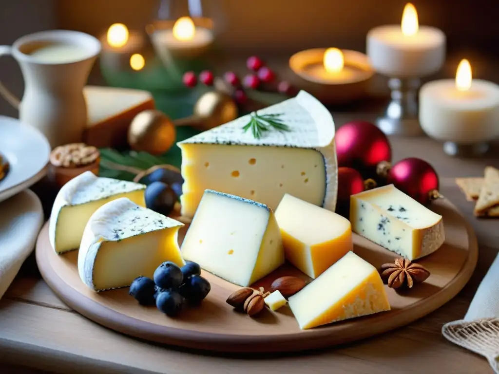 Una mesa de Navidad europea con quesos tradicionales como Manchego, Brie, Gouda y Roquefort