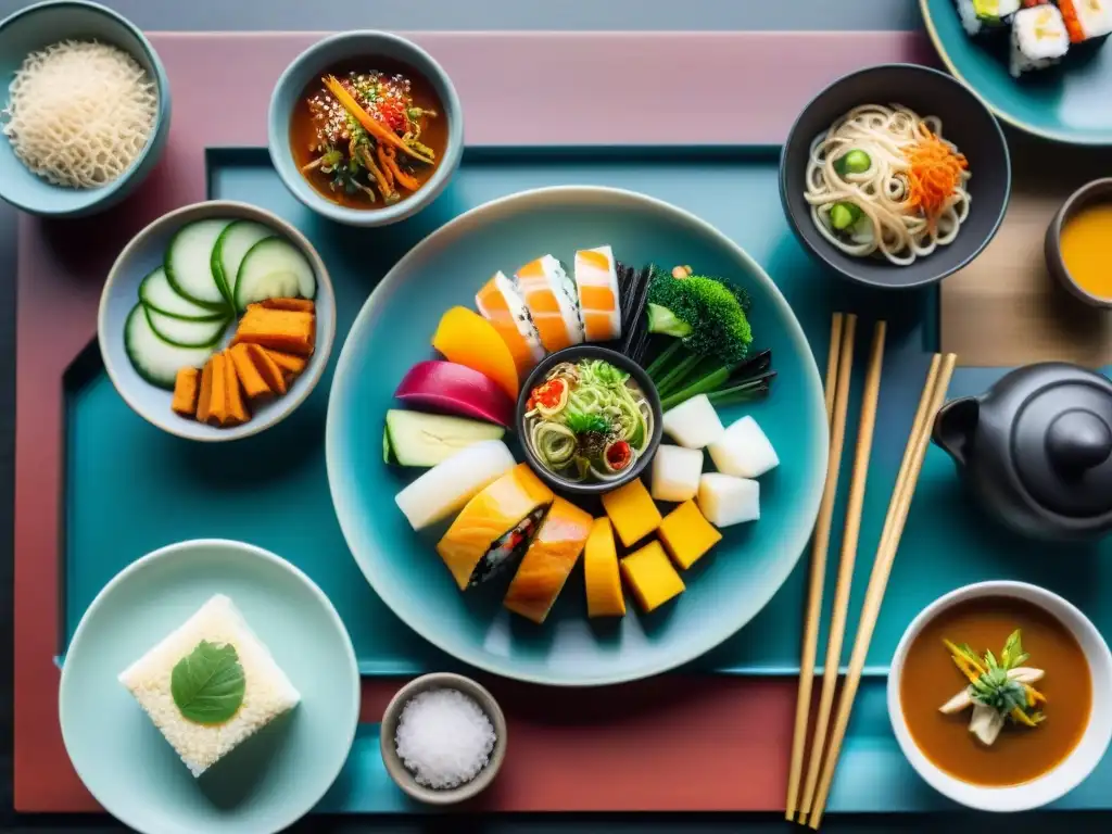 Una mesa exquisita fusionando cocina asiática y dieta vegana con sushi, sopas y salteados de tofu, decorada con elegancia