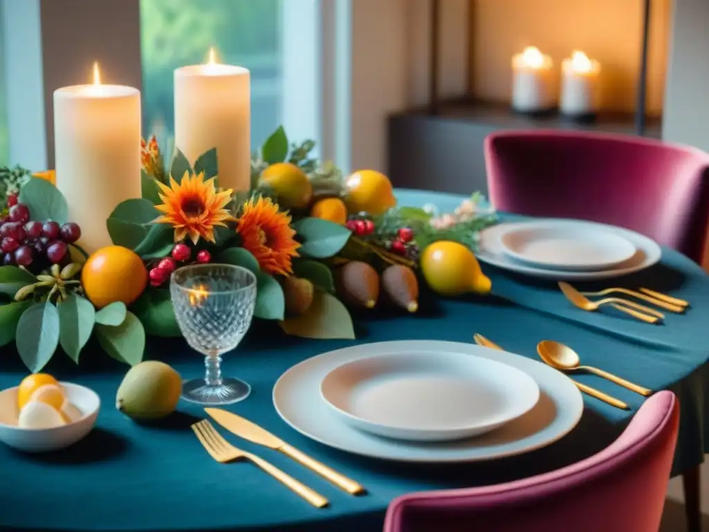 Una mesa festiva decorada con elegante vajilla y arreglos de flores y frutas, iluminada por velas