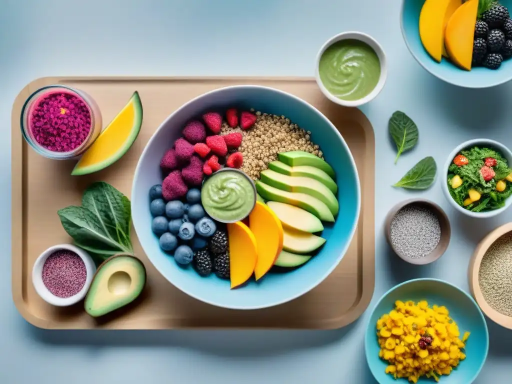 Una mesa futurista con superalimentos gourmet en un escenario moderno de cocina