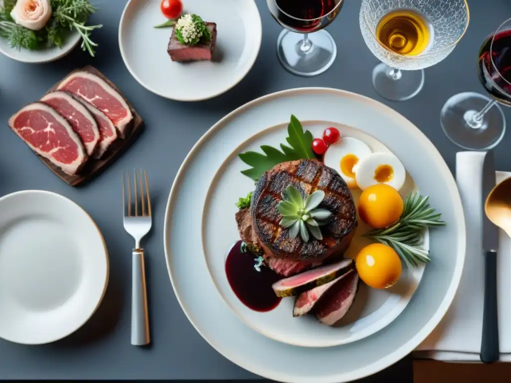 Una mesa gourmet con carne cultivada que deleita las papilas gustativas en un ambiente sofisticado y exquisito