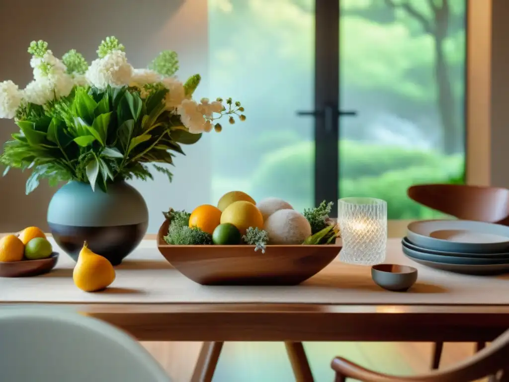 Una mesa gourmet bellamente decorada con elementos naturales como flores frescas, bandejas de madera y servilletas de lino, bañada en luz natural