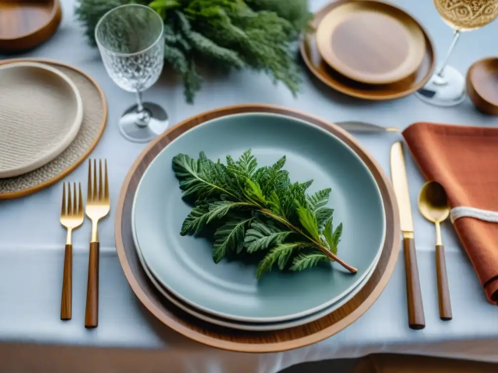 Una mesa gourmet bellamente decorada con elementos naturales en un ambiente sereno