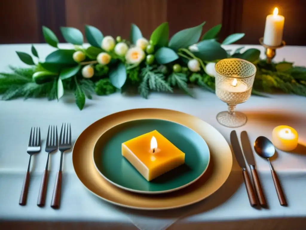 Una mesa gourmet elegantemente decorada con elementos naturales y velas brillantes en un entorno exuberante