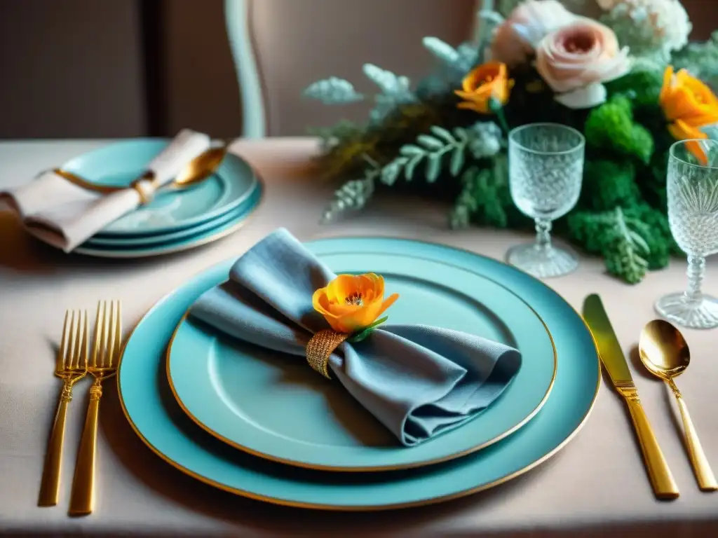 Un mesa gourmet elegante con cubiertos de plata, cristalería fina, vajilla decorada y un centro floral lujoso en tonos pastel