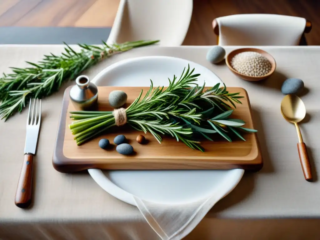 Una mesa gourmet con elegantes elementos naturales como tablas de madera, saleros de piedra, platos cerámicos y hierbas frescas