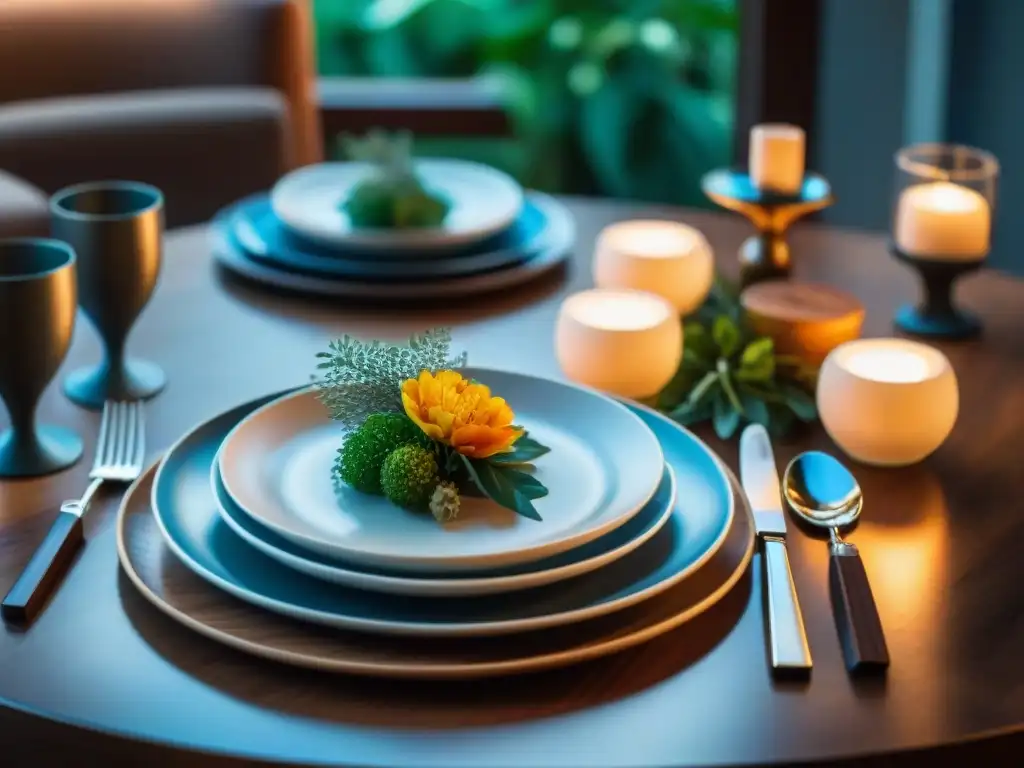 Una mesa gourmet con elementos naturales en un ambiente sofisticado y acogedor