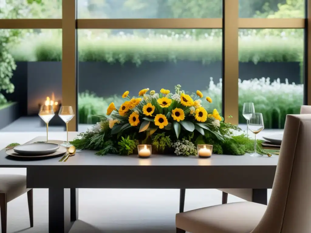 Una mesa gourmet moderna exquisitamente decorada en tonos tierra y oro, con flores frescas y luz de velas creando ambiente cálido