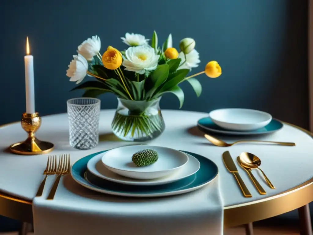 Una mesa gourmet moderna, elegante y lujosa con decoración floral fresca y elementos clásicos y contemporáneos