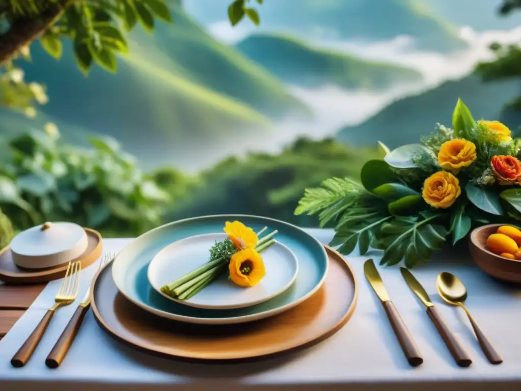 Una mesa gourmet rodeada de elementos naturales, platos exquisitamente decorados y cubiertos elegantes bajo el sol