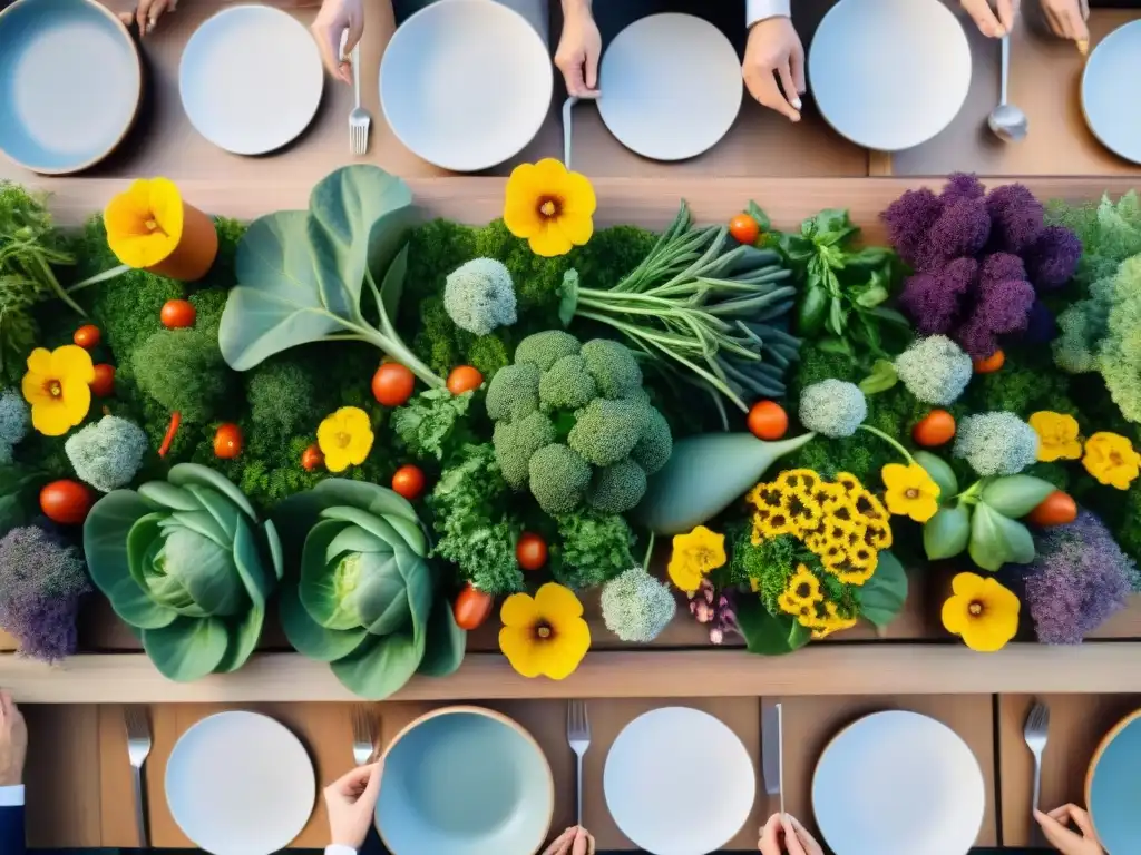 Una mesa llena de platos coloridos de cocina sustentable, rodeada de gente diversa en un jardín, celebrando la gastronomía