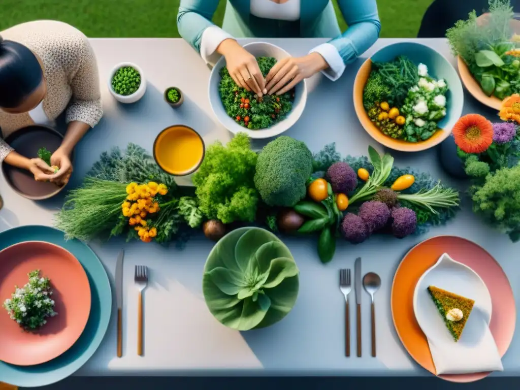 Una mesa llena de vida y color en un jardín sostenible, uniendo a personas en alegría y comunidad