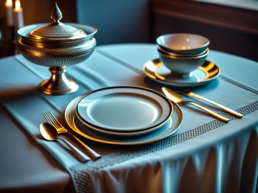 Una mesa de lujo con bandejas de servir elegantes, bañadas en luz suave y refinada