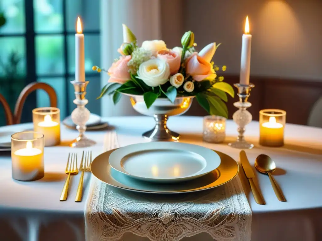 Una mesa de lujo para celebraciones con mantel blanco detallado, vajilla dorada, cristalería brillante y cubiertos de plata