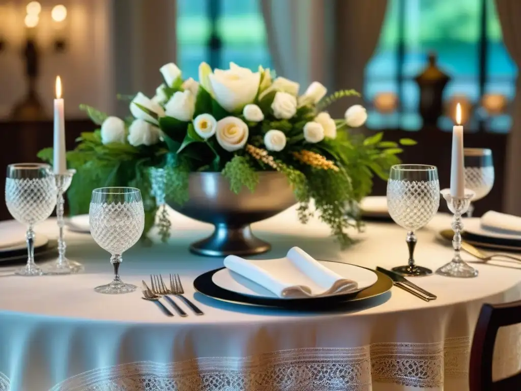 Una mesa de lujo para celebraciones, con manteles blancos elegantes y detalles de encaje, vajilla fina y cristalería brillante