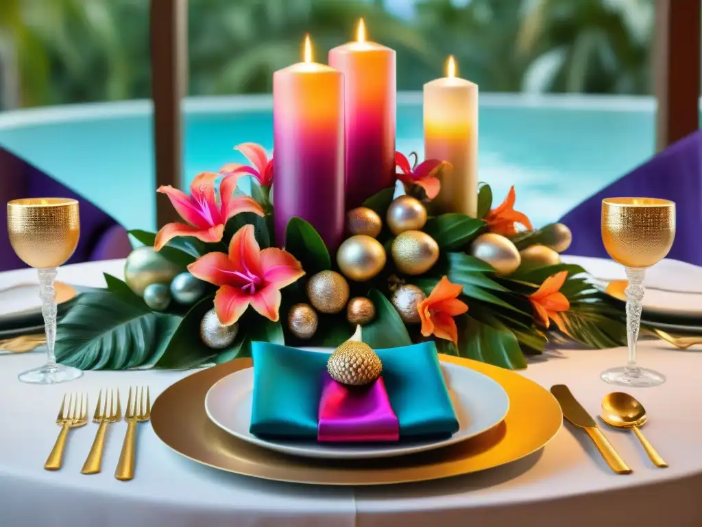 Una mesa de lujo para eventos temáticos en un paraíso tropical, con accesorios opulentos y exóticas flores