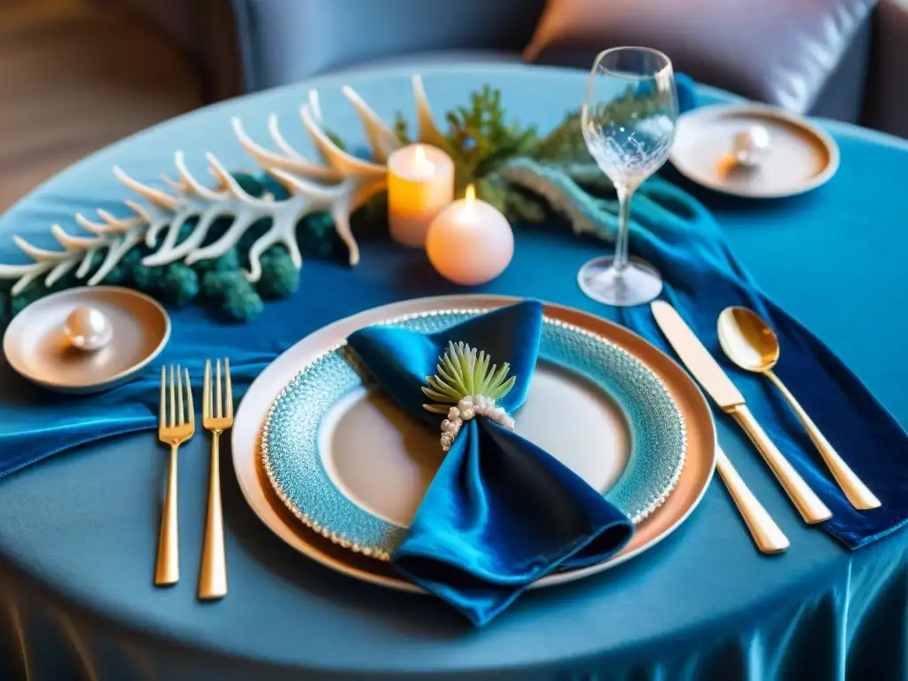 Una mesa de lujo para eventos temáticos del mar, con accesorios elegantes y temática marina