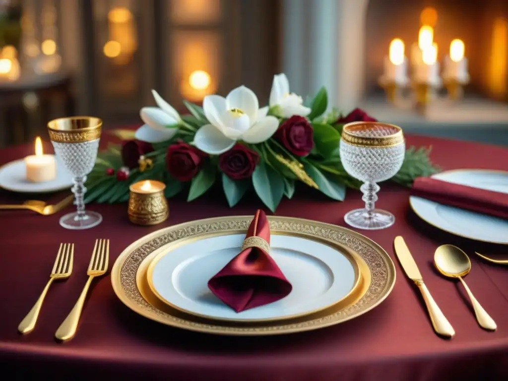 Una mesa de lujo para eventos temáticos, con accesorios exquisitos en tonos de oro y burdeos, iluminada por cálidas velas