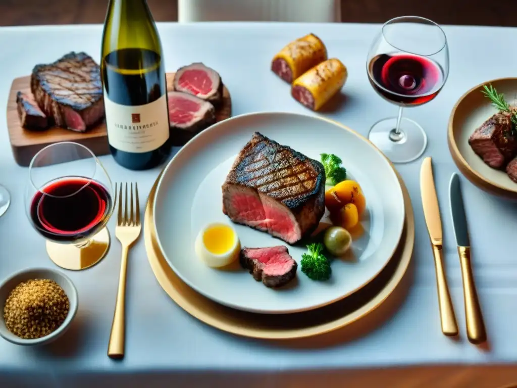 Una mesa lujosa con maridajes vinos carnes gourmet premium