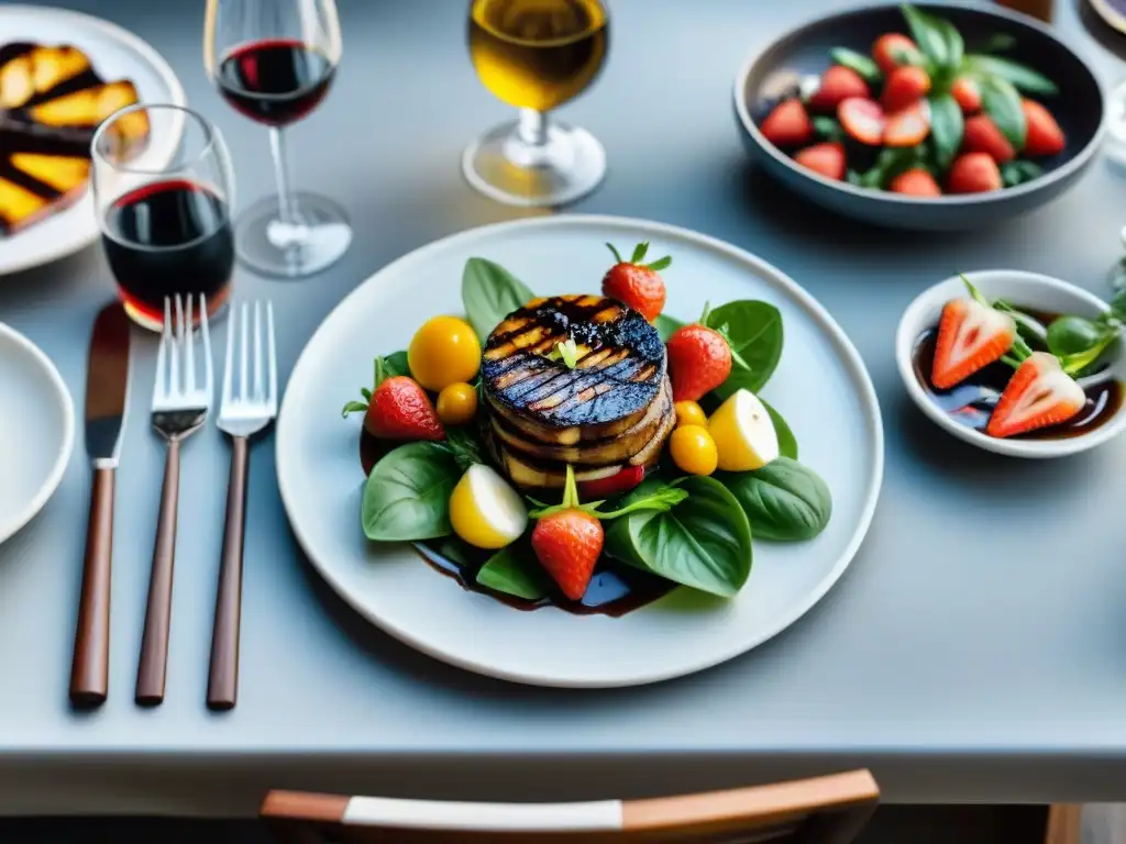 Exquisita mesa de comedor con balsámicos gourmet Una mesa lujosa con recetas originales, aderezos de vinagre balsámico y finas delicias culinarias