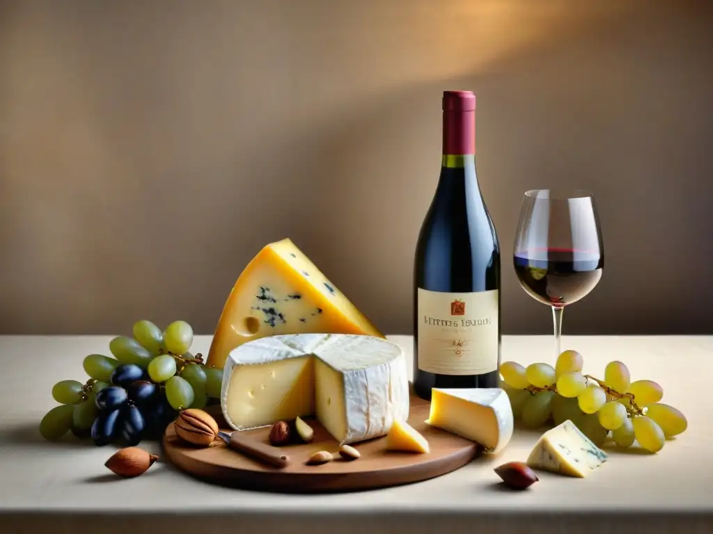 Una mesa de madera elegante con quesos artesanales, uvas, nueces y vinos variados