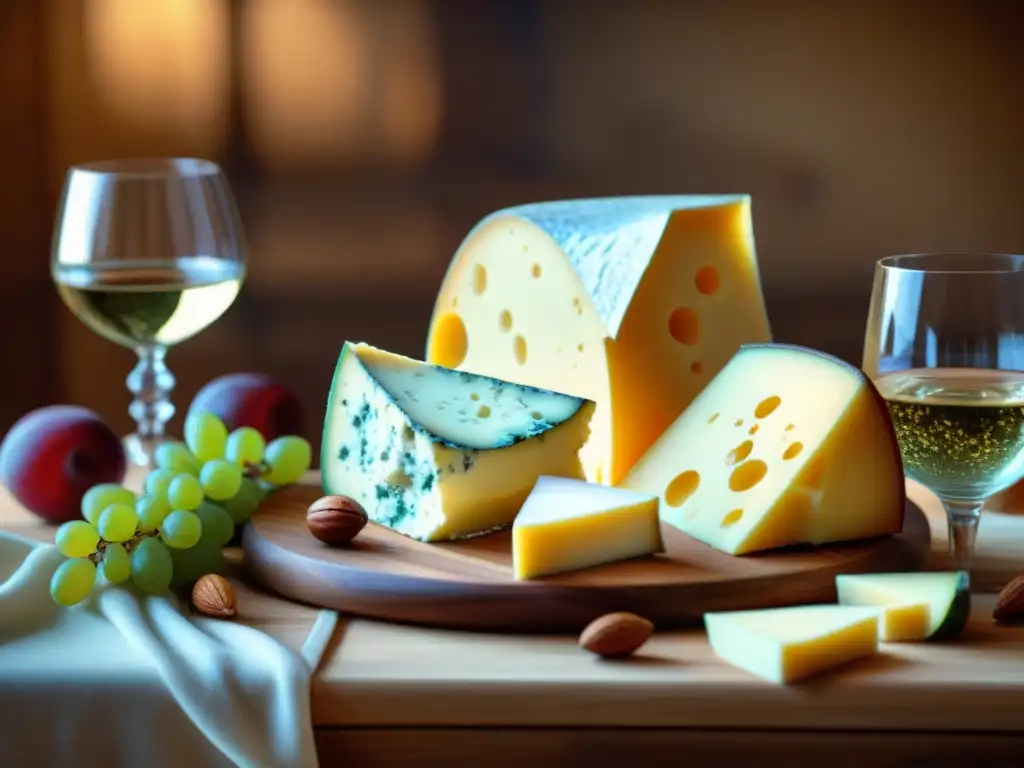 Una mesa de madera elegante con quesos gourmet, frutas frescas, nueces y vinos finos en copas de cristal