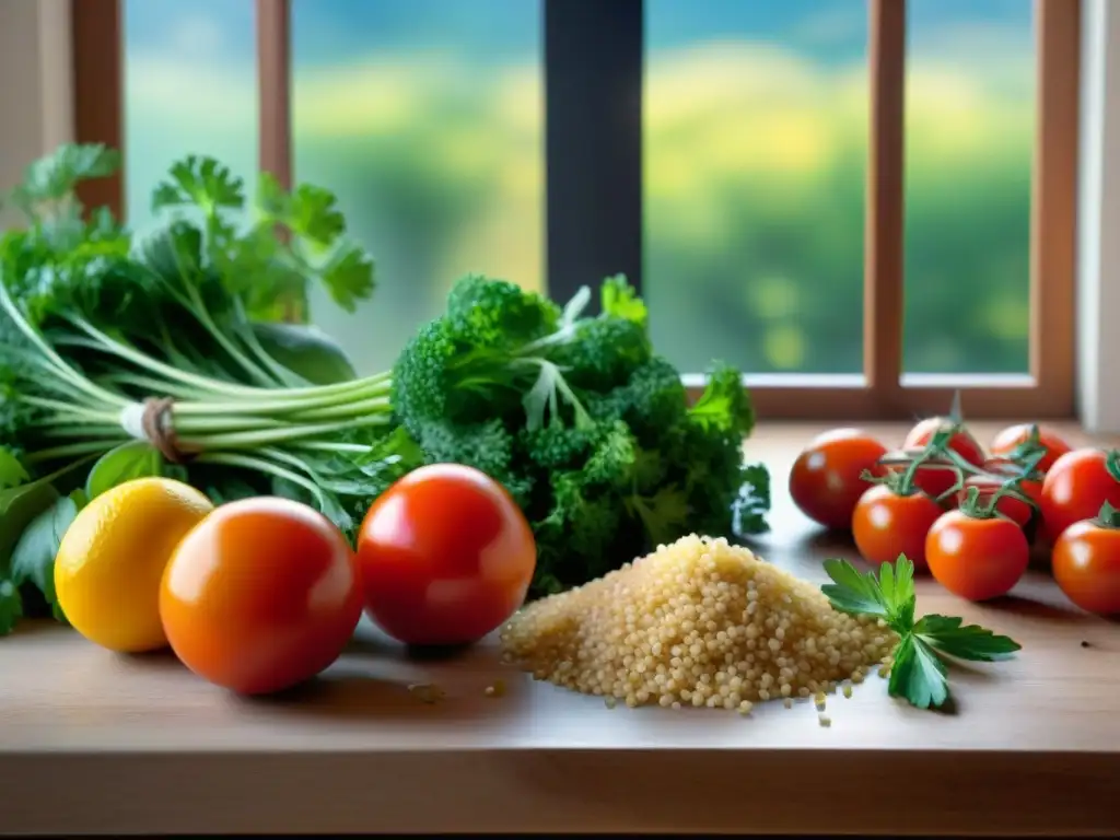 Una mesa de madera con ingredientes vibrantes para preparar Ensalada Tabulé receta historia gourmet