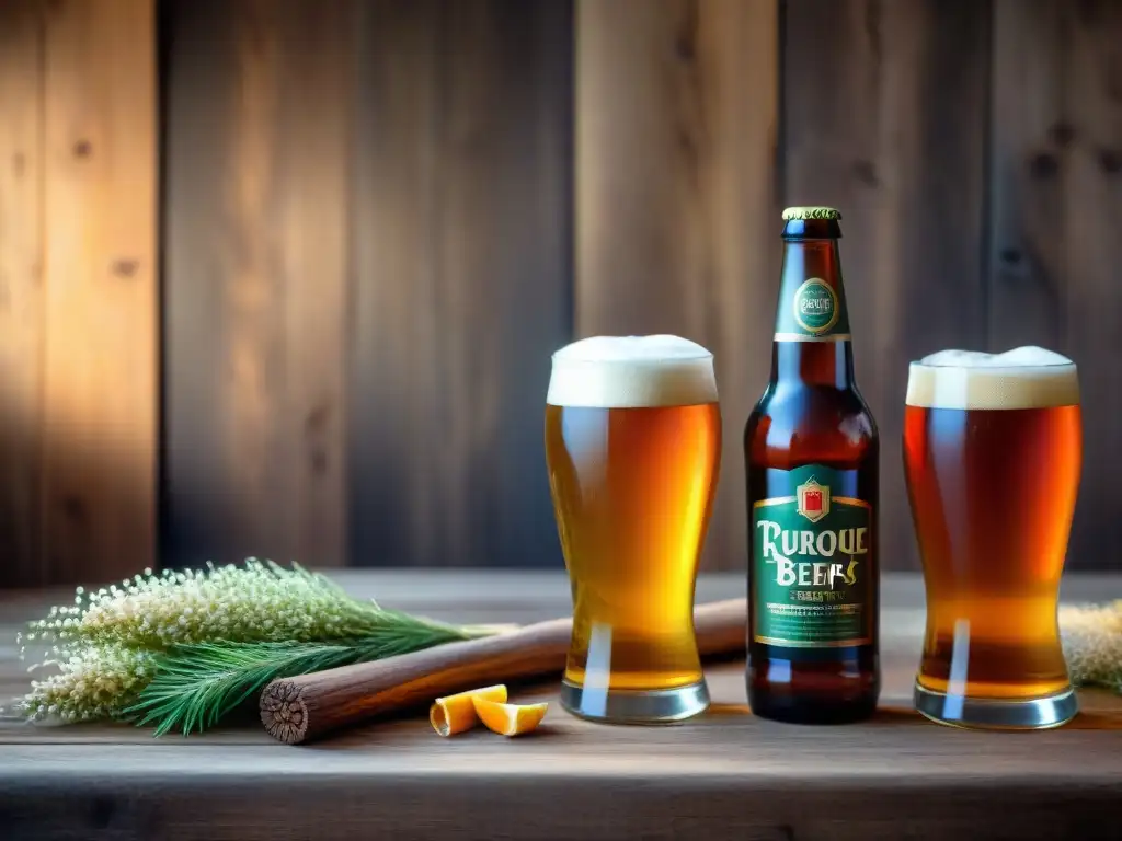 Una mesa de madera rústica con cervezas de temporada alta calidad en botellas y copas artísticas, destacando sus tonos ámbar y frescura